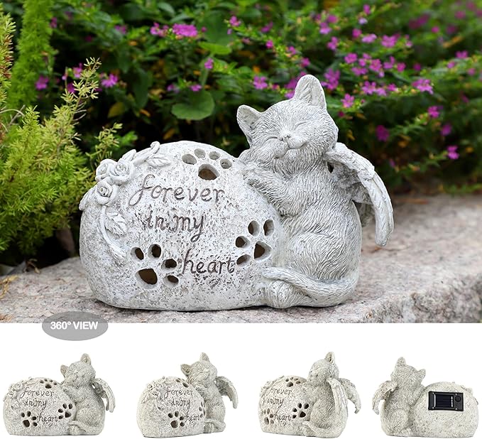 Cat Memorial Gifts Outdoor Statue with Solar Lights,Outdoor Resin Pet Ornament Grave Memorial Angel Decor Stone Effect