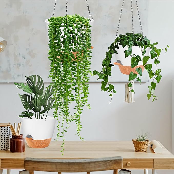 GARDIFE Hanging Planter, 10 inch Hanging planters for Indoor. Outdoor Plants, Self Watering Plant Pot, 2 Pack Large self Watering Hanging Planter, White
