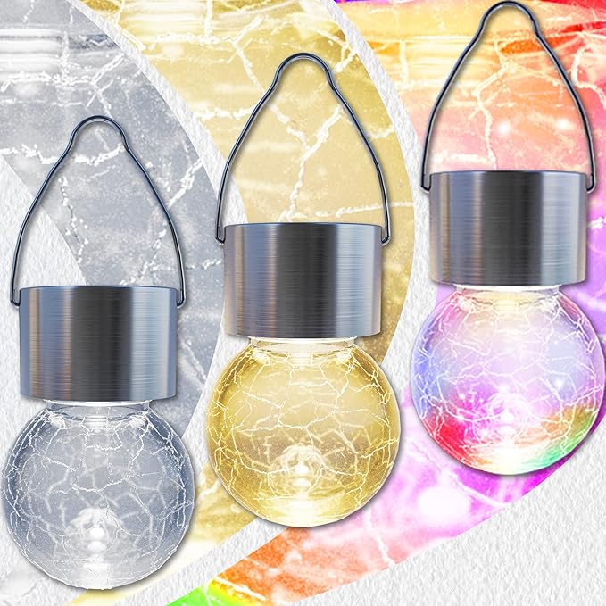 GIGALUMI 8 Pack Solar Hanging Lights, Christmas Decoration Lights with Multi-Color Changing Cracked Glass Hanging Ball Solar Outdoor Lights Waterproof Solar Lanterns for Garden, Yard, Patio, Lawn