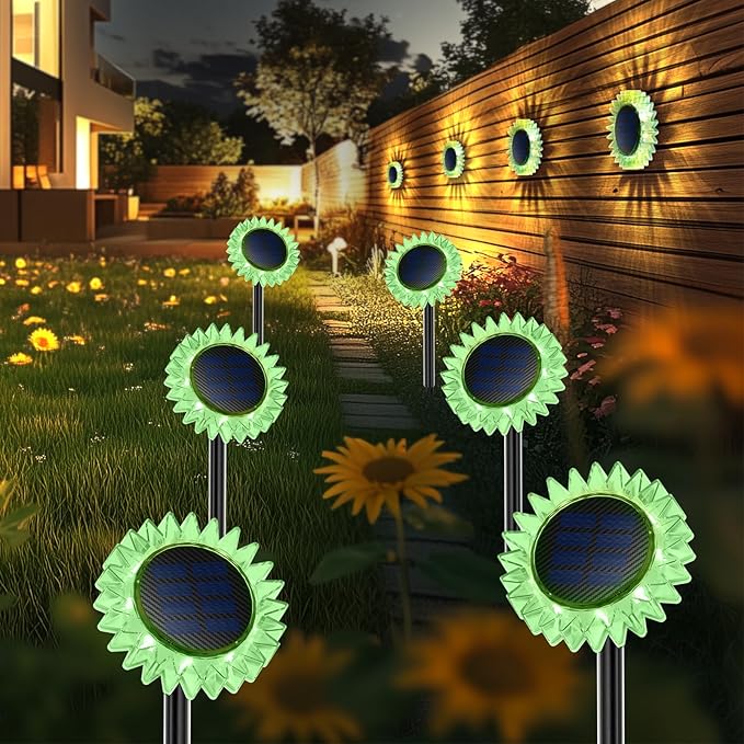 Hogni 6PK Solar Garden Lights, Ground Stake/Hang 2 in 1 Solar Sunflowers Outdoor Waterproof IP67, Outdoor Decor for Pathway Walkway Landscape Backyard Fence Decoration