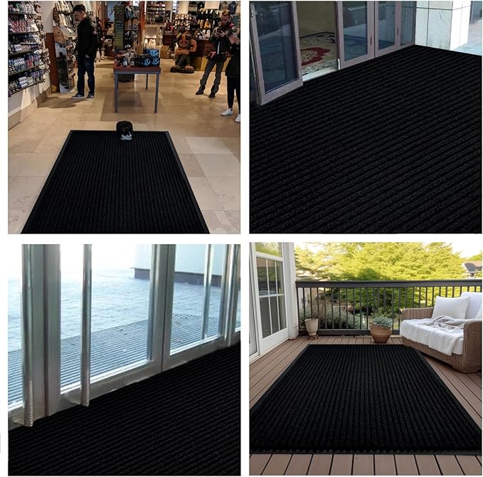 fani Heavy Duty Large Outdoor Indoor Entrance Black Doormat Waterproof Low Profile Entrance Rug Front Door Mat Patio Anti-Skid Rubber Back, 48x120 inch (Jet Black)