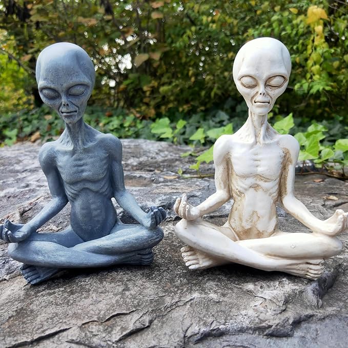 White Alien Statue, Resin Yoga Pose Alien Figure, 6.3" H Creative Yoga Alien Statue of The Thinker for Home Offcie Garden Decor Supplies