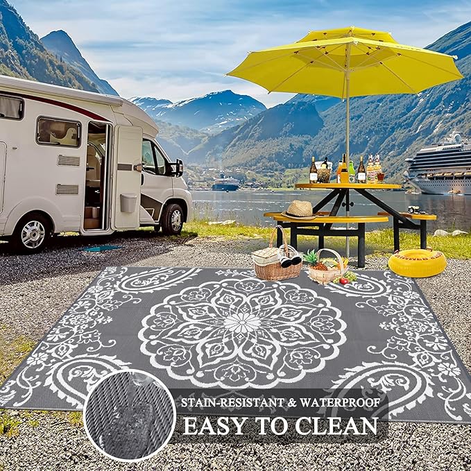 Pauwer Waterproof Outdoor Rug 9x12, Reversible Plastic Straw Patio Camping Rug, Indoor Outdoor RV Mat Carpet for Deck, Camper, Porch, Balcony, Backyard, Picnic, Boho Grey