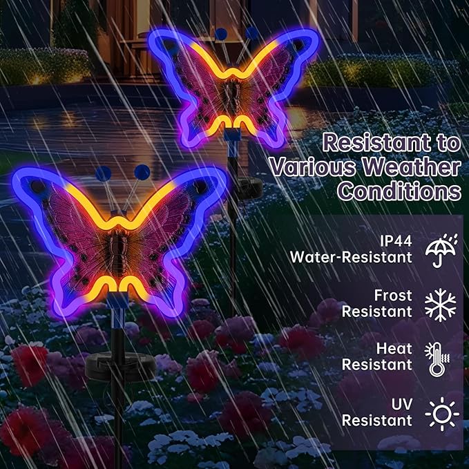 Solar Butterfly Lights, Butterfly Garden Solar Lights，Solar Lights Outdoor Decoration,Waterproof neon Outdoor lamp, Yard Patio Pathway Decor for Outside(Dark Blue, 2 Pack)