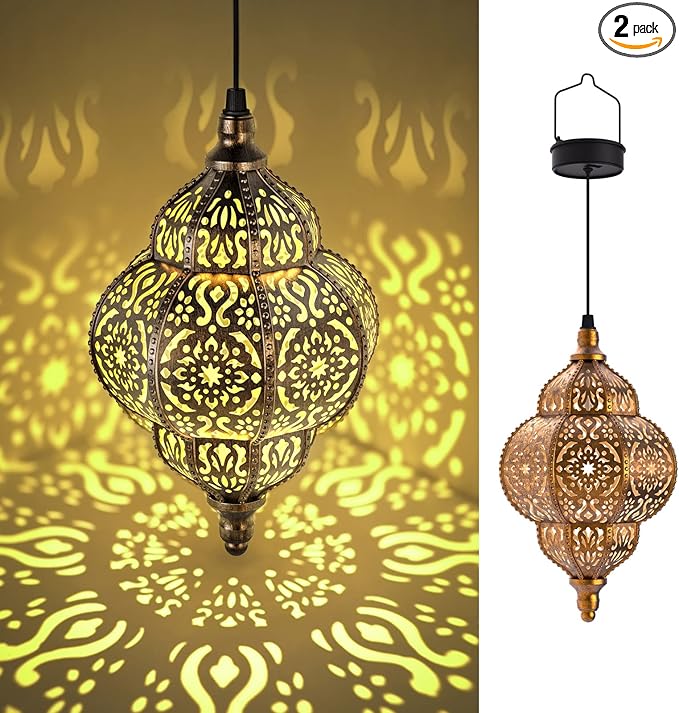 Hanging Solar Lights Outdoor Garden Decor Solar Lantern Waterproof Plastic Moroccan Outdoor Decorations for Patio Pathway Yard Backyard Garden Decorative (2 Pack, Bronze)