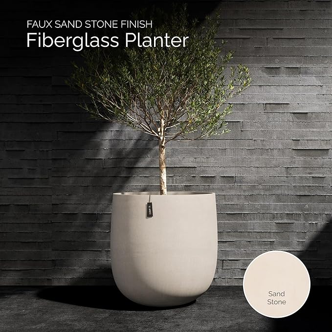 Mondo Large Planter – Sand Stone Finish – Fiberglass Indoor/Outdoor and Weather-Resistant Round Planter (39.4" D x 40" H Exterior, 37.8" D x 39.4" H Interior)