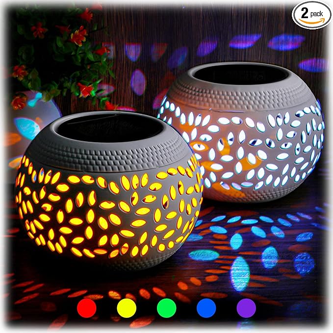 Reginary 2 Pcs Solar Table Lantern Outdoor Waterproof Dancing Flashing Flame 7 Color 2 Modes Metal Tabletop Light Desktop Decorative Lamp Auto On/Off Lighting for Patio Garden Pathway Yard (White)