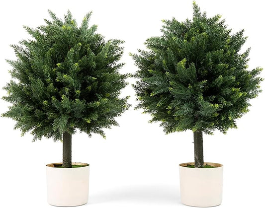Premium 16" Diameter Artificial Cypress Topiary – Set of 2 Faux Plants in Beige Decorative Planters – UV-Resistant, Weatherproof, Realistic Outdoor & Indoor Greenery