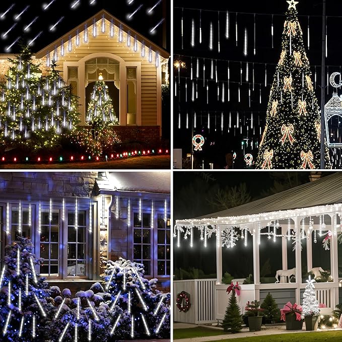 Aokudoni Christmas Lights Outdoor, 24 Tubes Meteor Shower Lights (Equivalent to 3 Sets of 8-Tubes), Waterproof Outside Christmas Decorations for Tree Window Yard Party Holiday, UL Plug, White