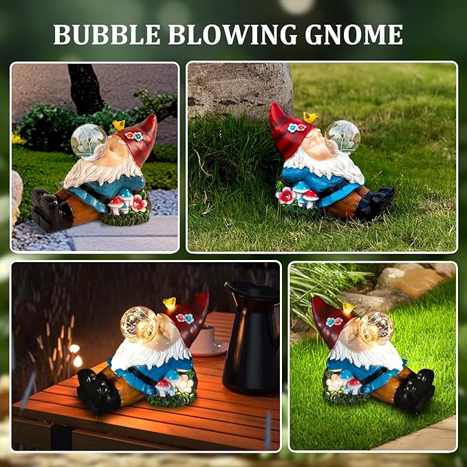 Solar Gnome Blowing Bubble Garden Statue with LED Lights, Outdoor Garden Waterproof Decoration, Courtyard, Lawn, Courtyard Decoration - The Ideal Gift for Women