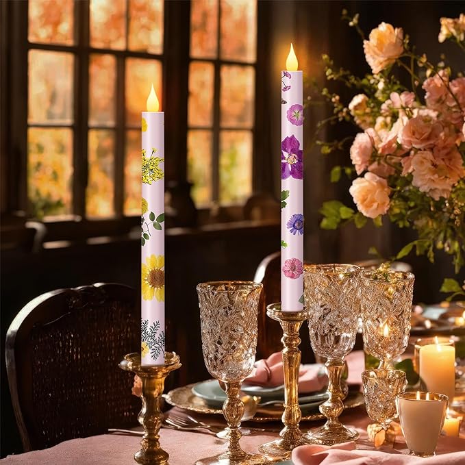 Nuanchu 6 Pcs Floral Taper Candles 10.6 Inch Pastel Flameless Candle Battery Operated Dried Flower Candlestick LED Pressed Floral Candlestick for Summer Home Wedding Dining Garden Party Decoration