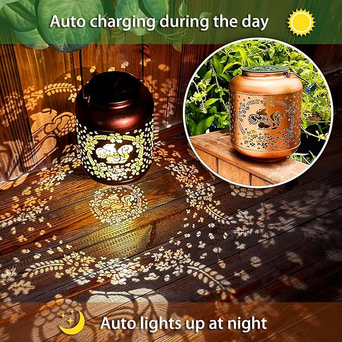 Squirrel Solar Lanterns Outdoor Waterproof Hanging Solar Lights Squirrel Gifts for Women Men Metal Decorative LED Lanterns for Yard, Patio, Lawn, Tabletop, Pathway, Landscape, Garden Decor