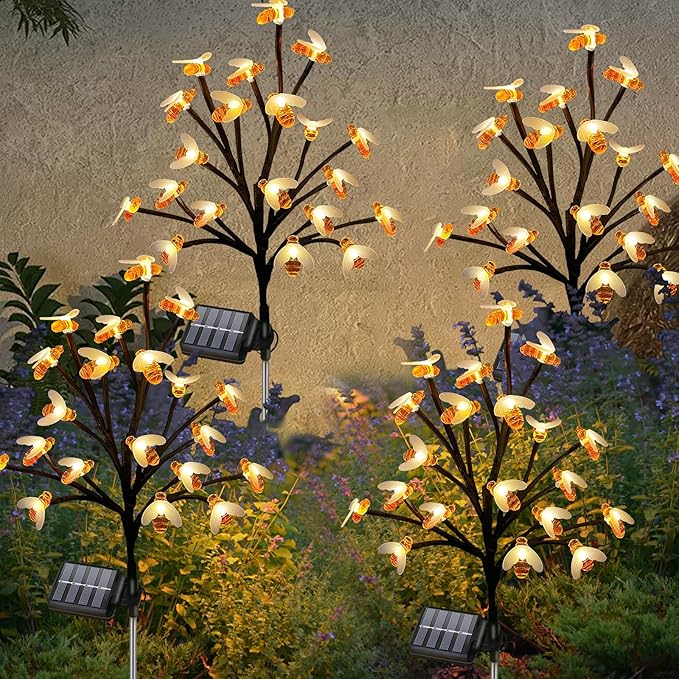 Solar Garden Lights Outside - 4 Pack 80 LED Solar Bee Lights Outdoor Waterproof with 8 Modes Landscape Decoration for Garden Patio Yard Walkway Grass Spring Decor (Warm White)