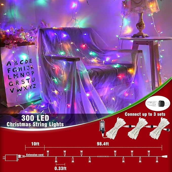 100ft Christmas Lights Outdoor Waterproof, 300 LED String Lights for Bedroom Clear Wire with 8 Modes, Plug in Twinkle Fairy String Light for Indoor Outdoor Home Party Garden Decorations, Multicolor