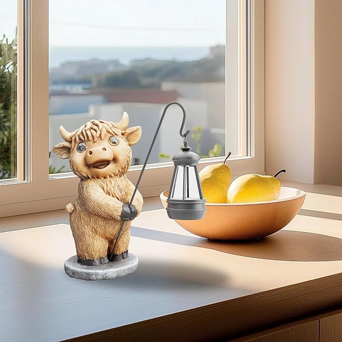 Highland Cow Statues with Solar Lights, Highland Cow Resin Figurine Lights, Highland Cow Ornaments for Patio, Balcony, Indoor Decoration and as Gifts