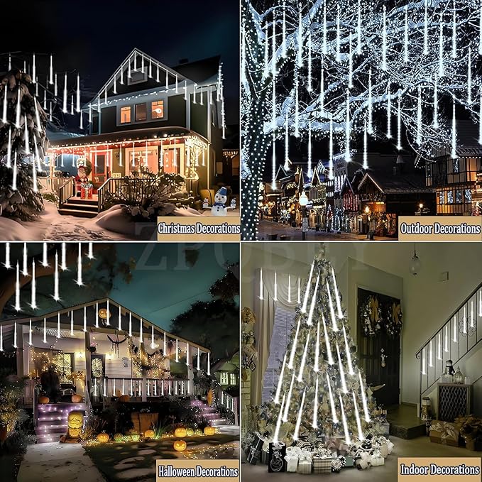 Meteor Shower Lights Christmas Lights Outdoor 24-Tube 576LEDs Snow Falling Rain Cascading Icicle Lights for Xmas Tree Christmas Decorations Wedding Party Holiday Garden Decor, UL Plug White