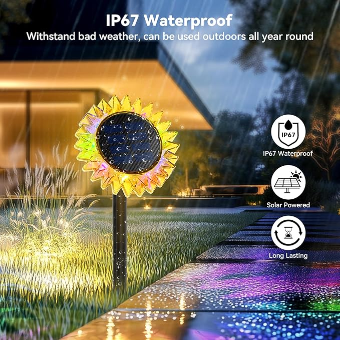Outdoor Solar Lights, 6 Pack Led Solar Sunflower Lights, Stake/Wall 2-in-1 Waterproof Solar Garden Lights for Yard, Landscape, Fence, Patio, Driveway, Pathway, Backyard Decoration (Colourful)