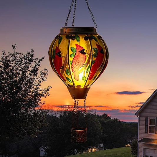 pearlstar Hot Air Balloon Solar Lantern with Flickering Flame Light Outdoor Solar Hanging Lights Waterproof for Garden Yard Farmhouse Patio Pathway Christmas Decoration,Glass(Cardinal)