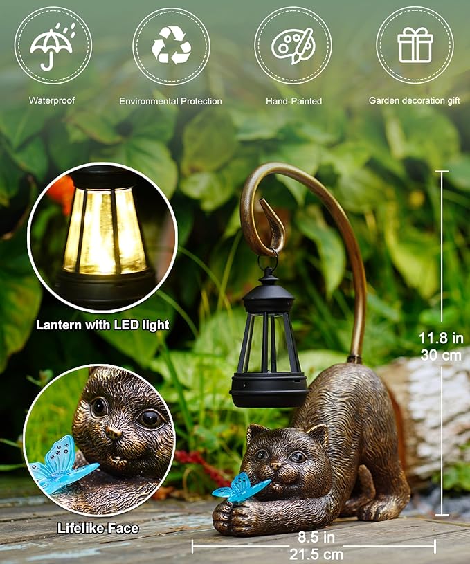 Solar Cat Garden Statue for Outdoor: Outside Sculptures Decor for Art Patio Balcony Yard Lawn – Unique Birthday Gift for Women Mom Grandma