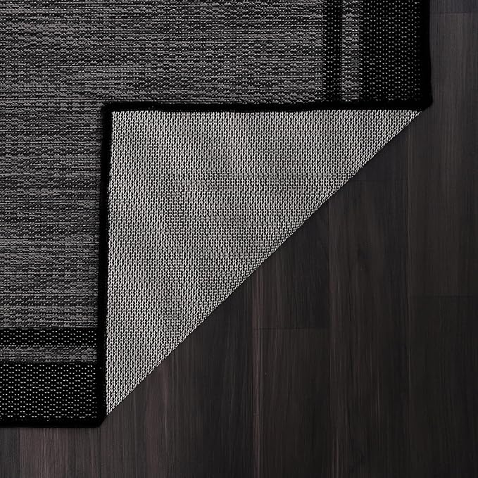CAMILSON Indoor Outdoor Rug, 5x7 Bordered Dark Grey Black Modern Area Rugs for Indoor and Outdoor Patios, Kitchen and Hallway Mats, Washable Porch Deck Outside Carpet (Bordered Black, 5 x 7)