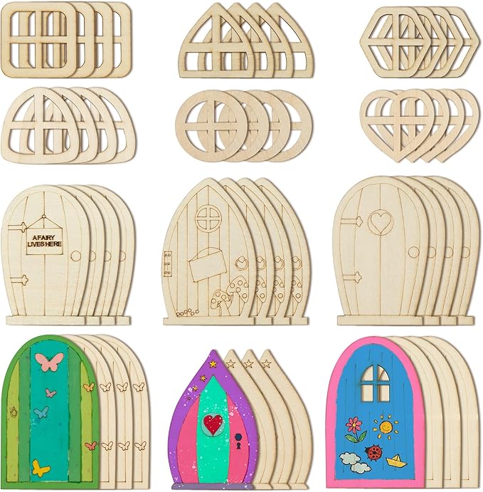 AUEAR, 48 Pack Fairy Door Miniature Wooden Garden Doors Windows Unfinished Window Accessories Unpainted Mini House DIY Craft for Wall Home Party Decoration (Style B)