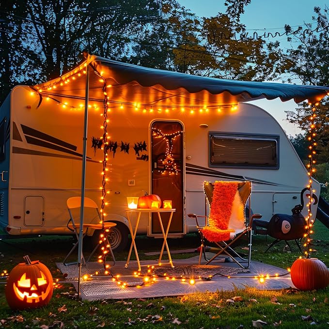 JMEXSUSS 2 Pack Orange Halloween Lights: 100 LED 33ft Solar Halloween Lights Outdoor Waterproof - 8 Modes Orange Lights for Halloween Outside Tree Gardens Party