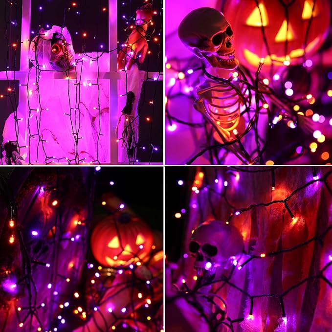 Orange and Purple Fairy Lights, 114ft 300 LED String Lights with 8 Modes, Waterproof Plug in for Indoor/Outdoor Halloween Party Decor