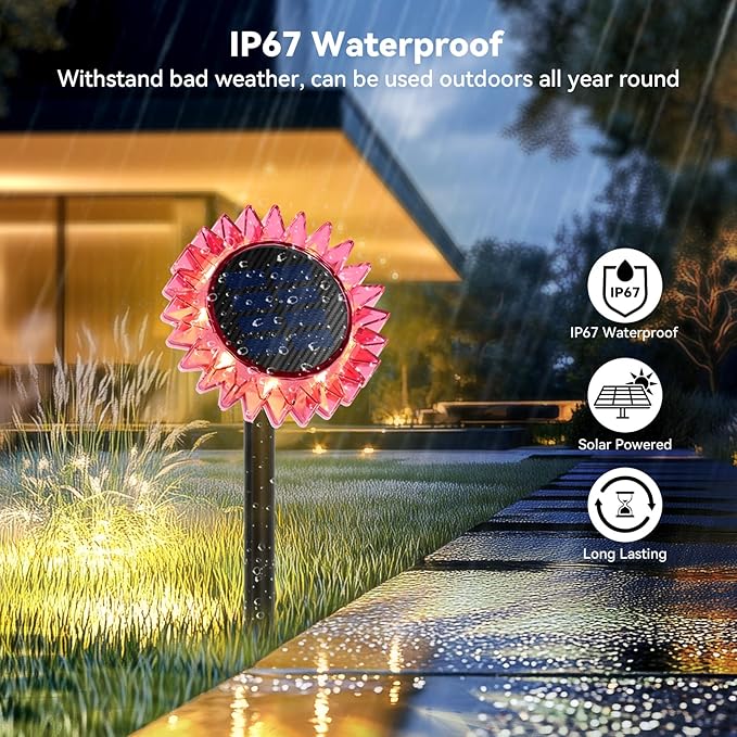 Outdoor Solar Lights, 4 Pack Led Solar Sunflower Lights, Stake/Wall 2-in-1 Waterproof Solar Garden Lights for Yard, Landscape, Fence, Patio, Driveway, Pathway, Backyard Decoration (Warm White)