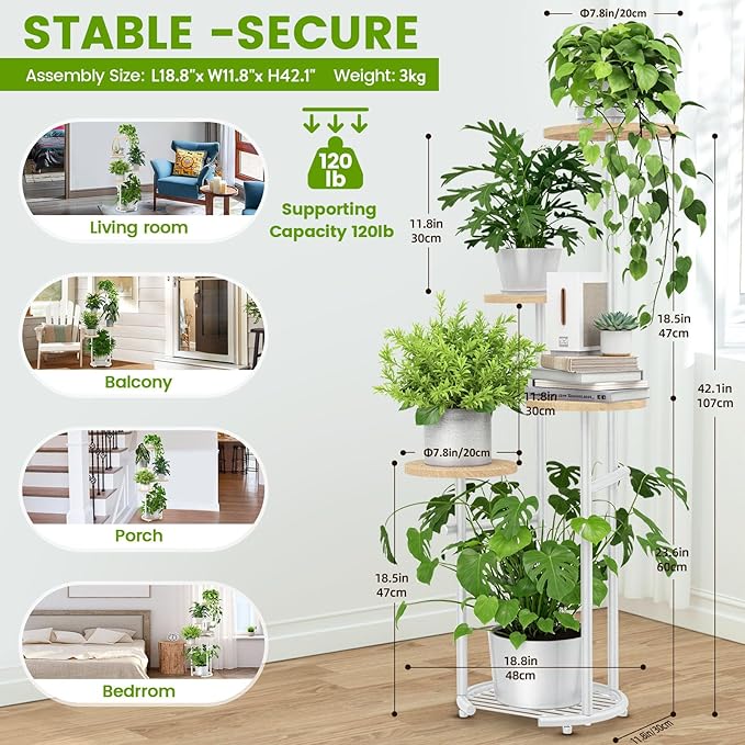 TOSKING 5 Tier Metal Plant Stand Indoor， Plant Shelf, Corner Shelf Flower Pot Stand for Outdoor Plant Stand for Living Room Balcony Garden Patio Bedroom (White and Wood, 42in)