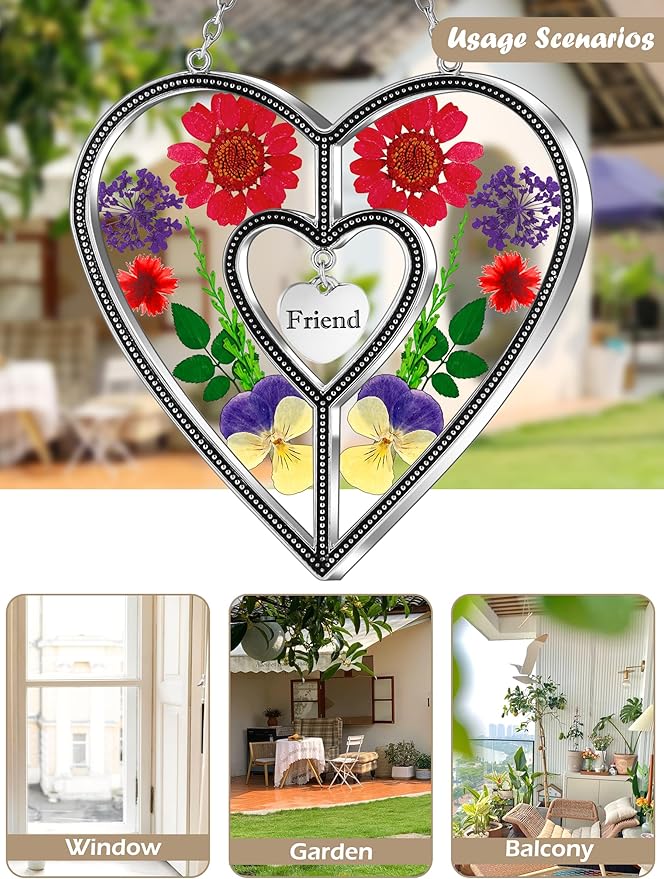 KY&BOSAM Heart Suncatcher Friend Stained Glass Hangings for Windows Real Flower Glass & Metal Maker Sun Catchers Birthday Gifts for Frined Home Party Backyard Indoor Outdoor Decor Christmas Ornament