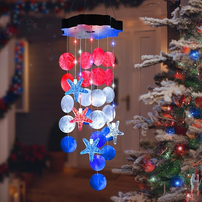 Solar Wind Chimes for Outside, Red & White & Blue Shell Gifts for Mom Grandma Women, Waterproof Solar Outdoor Decorative Mobile Lights for Garden, Yard, Patio, Window, Party, Outdoor Decorations