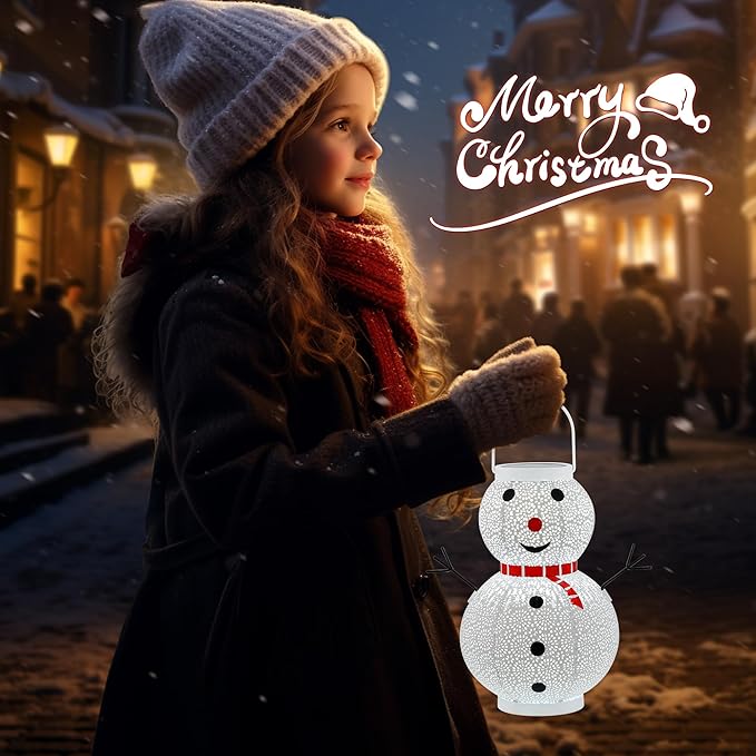 Christmas Decorations Snowman Solar Lantern - Snowman Solar Hanging Lantern Outdoor Waterproof , Metal Standing Solar Powered LED Lantern Decorative Lights for Outside Garden Yard Porch - White