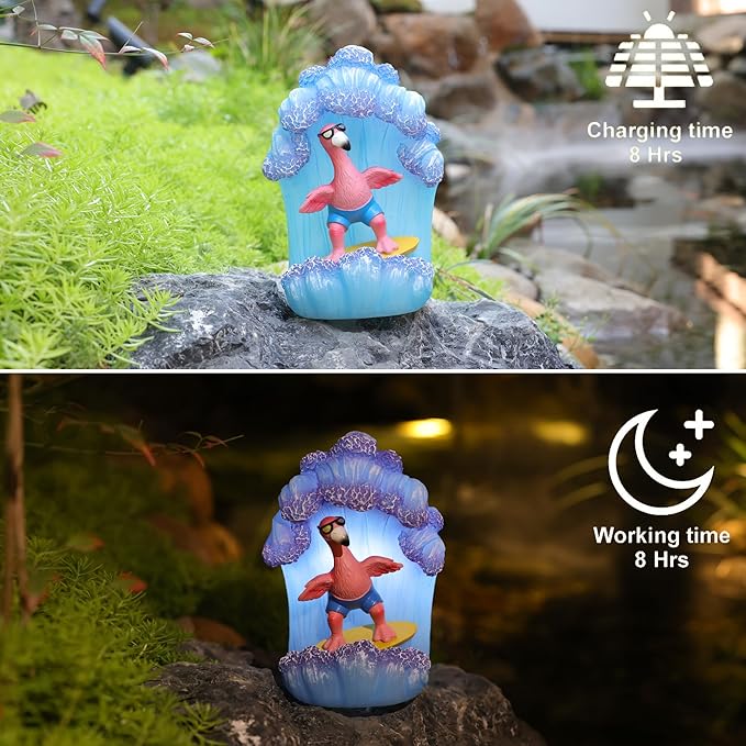 Pink Flamingos for Yard-Garden Statues Solar Outdoor Decor - Surfing Hawaii Beach Yard Art Light up Sea Wave Decor for Patio Lawn Yard
