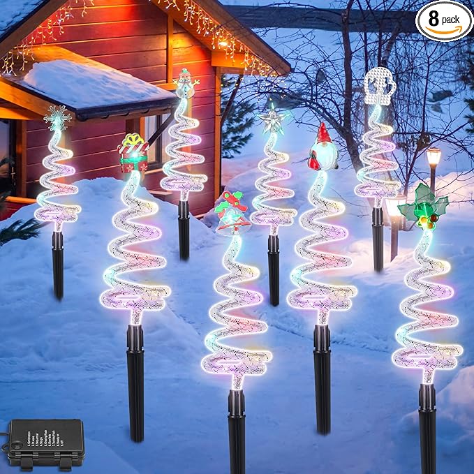 8 Pcs Solar Christmas Garden Stake Lights 8 Mode Yard Landscape Path Lights Xmas Solar Christmas Decorations Outdoor Waterproof Pathway Decor for Outside Holiday Garden Patio