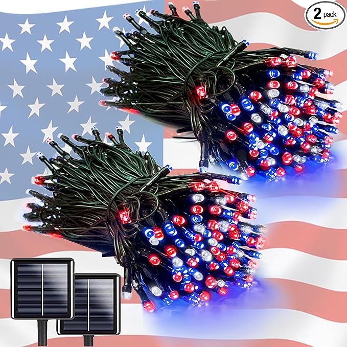 EEW 2pk Red White and Blue Solar String Lights Outdoor Waterproof, Solar Powered LED Patriotic Lights 200 LED, Solar Tree Lights for Independence Day Decor 4th of July Memorial Day Decorations