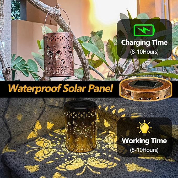 Solar Lanterns Outdoor Waterproof Butterfly Garden Decor Lantern Birthday Gifts for Women Mom Grandma, Hanging Lights Metal Decoration Outside for Yard, Patio, Backyard, Porch