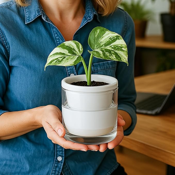 D'vine Dev 4 Inch Design Self Watering Planter for Indoor Plants, White Terracotta Pots with Cylinder Glass Cup, 37-X-A-2