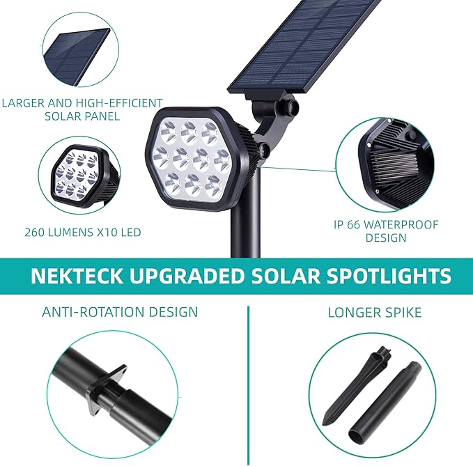 Nekteck Solar Lights Outdoor,10 LED Landscape Spotlights Powered Wall Lights 2-in-1 Wireless Adjustable Security Decoration Lighting for Yard Garden Walkway Porch Pool Driveway (10 Pack, Warm White)