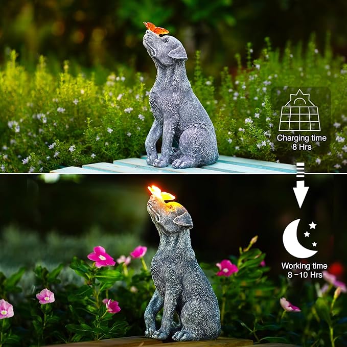 Goodeco Dog Statue with Solar Butterfly - Ideal Gifts for Dad, Mom or Birthdays, Beautifully Crafted Outdoor Decorations to Wow Your Guests