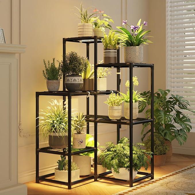 Corner Plant Stand with Grow Lights Plant Shelf Indoor for Multiple Plants Metal Plant Rack Plants Holder Flower Stand for Patio Porch Garden