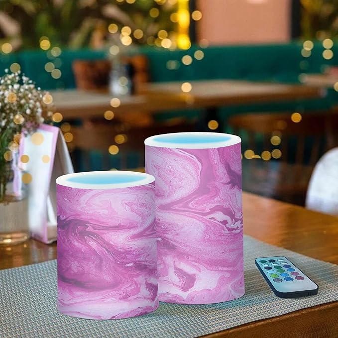 Flickering Flameless Candles, Pink Fuchsia Marble LED Candles with Remote Timer, Set of 2 Battery Operated Candle for Valentine Wedding Birthday