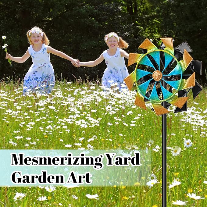 Outdoor 59 Inch Kinetic Wind Spinner, Double Blade Wind Sculpture with 5 Prong Base, Geometric Metal Windmill for Garden, Lawn & Patio Decoration (Colorful)