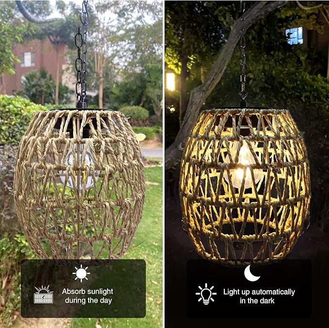 Outdoor Solar Hanging Lantern, Natural Seeweed Rattan Bamboo Woven Porch Patio Gazebo Pendent Chandelier Light Decorative Solar Powered Hanging Lamp for Front Door Garden