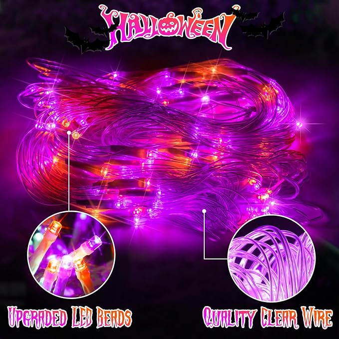 2 Pack Each 200 LED Halloween Net Lights Outdoor Waterproof 3M*2M Mesh Lights Fairy String Lights Plug in with Timer 8 Modes for Bush Window Fence Garden Yard Roof Wall Decor-Purple and Orange