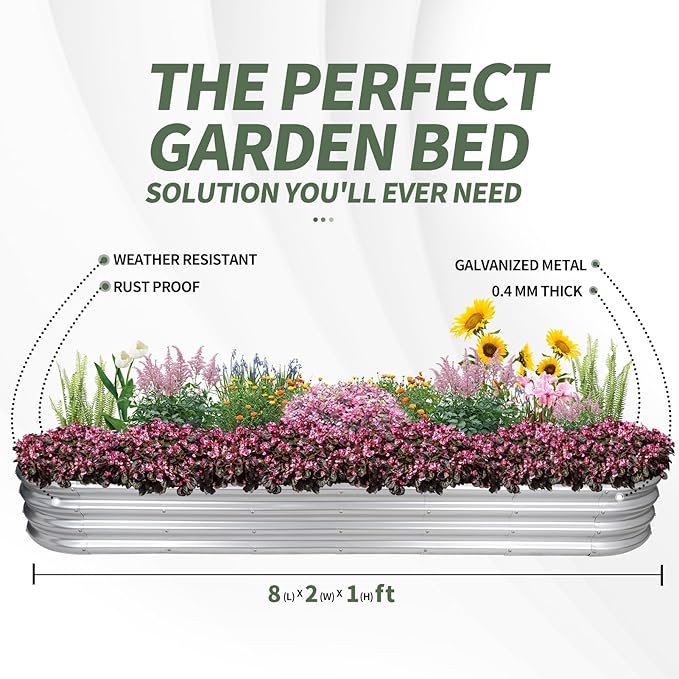 1MORE Galvanized Raised Garden Bed- Planter Garden Boxes Outdoor, Raised Beds for Gardening, 8x2x1ft Metal Garden Bed Kit for Vegetables Flower, Planter Raised Beds with Protective Tape & Tools.Silver