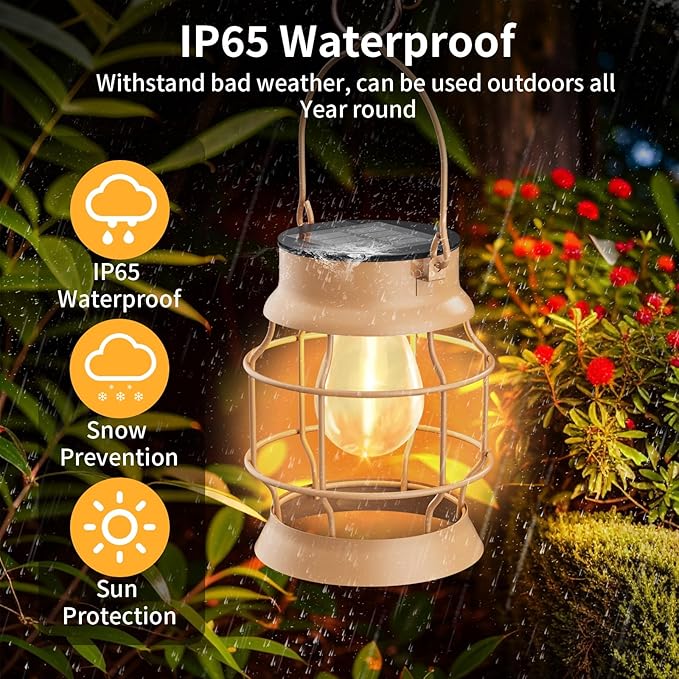 2 Pack Solar Outdoor Lights Metal Hanging Solar for Outside Lights Outdoor Waterproof Retro Design with Edison Bulb Decorative for Patio Porch Fence Garden Lawn