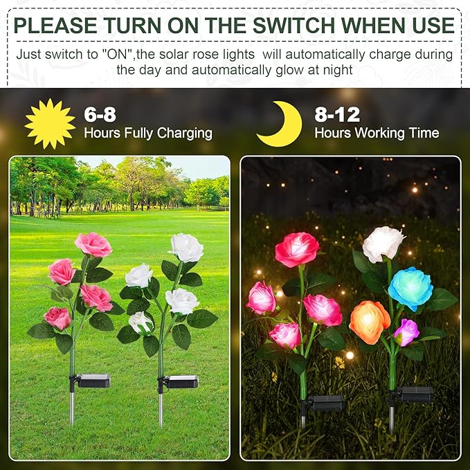 Geelin 10 Pcs Solar Rose Lights Outdoor Waterproof Solar Flower Lights with 40 Rose Flowers 7 Color Changed Decorative Solar Landscape Light for Weeding Garden Yard Patio Pathway Walkway