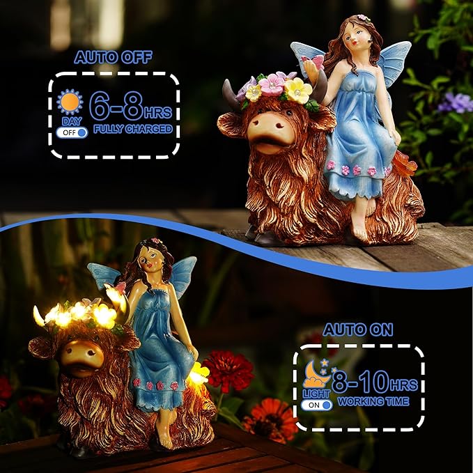 Solar Angel Garden Statue - Garden Fairy Sitting on a Highland Cow with Flowers, Butterflies and 5 LED Lights - Decorate Table, Terrace, Lawn, Birthdays, Grandma, mom