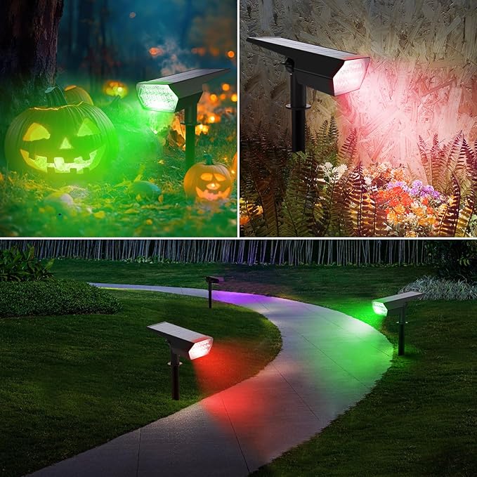 Upgraded Solar Spot Lights Outdoor, Waterproof IP65 RGB Color Changing Solar Outdoor Lights, Multicolor Solar Landscape Spotlights with Memory Function for Holiday Decorations, Yard, Garden, Pathway