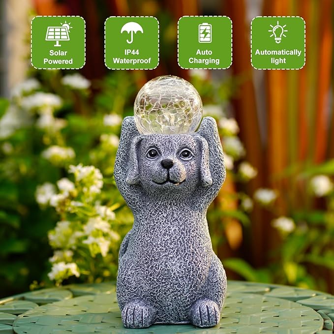 Solar Cute Dog Statue Holding Cracked Glass LED Lights – Funny Resin Dog Decor Garden Decorations for Patio,Balcony,Yard,Birthday Gifts for Women Mom